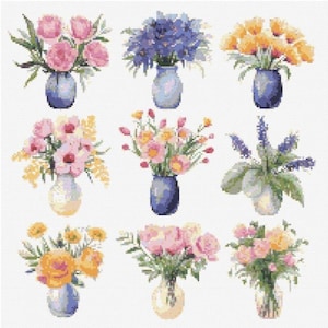 Wildblumen Kreuzstichmuster PDF Sommer Wildblumen in Vasen Download Wildblumen in Vasen Aquarell Kreuzstich Handstickerei Blumen Natur Muster