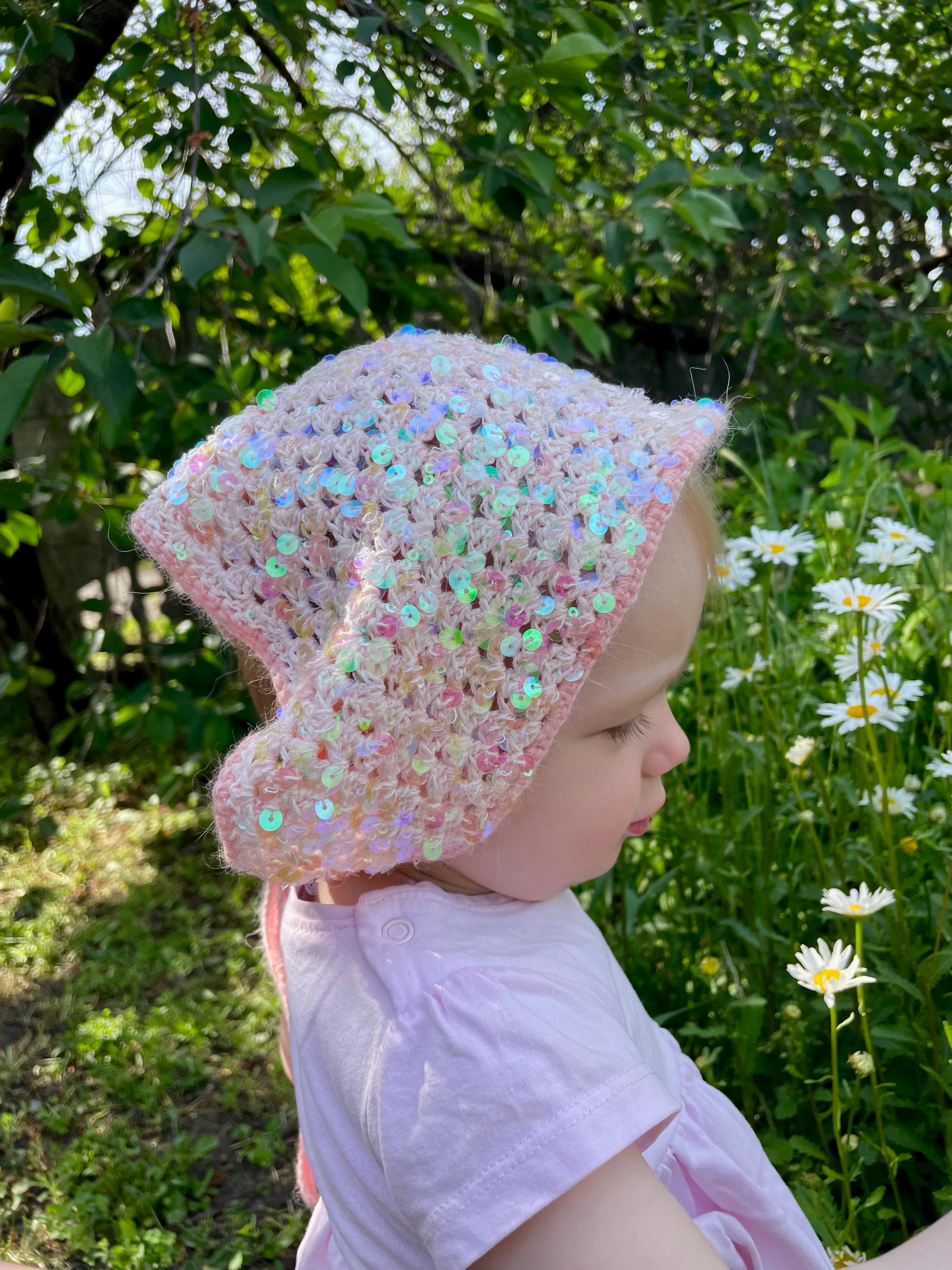 Handmade Sequin Baby Bandana for Girls, Sparkly Pink Crochet Head