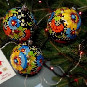 Christmas ornament Hand-painted Ukrainian Christmas ornaments 3,14 in,Handmade Petrykivka painted Blue & Yellow Flower Christmas Bauble
