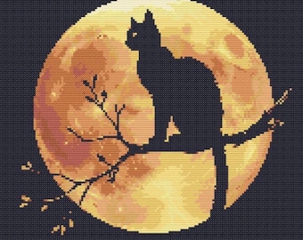 Cat moon cross stitch pattern PDF download Silhouette cat cross stitch chart, Cat lover gift animal pattern