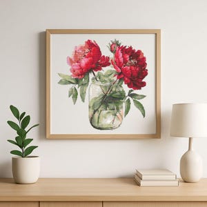 Padrão de ponto cruz de flor de peônia, desenho de bordado floral em pote de vidro, PDF para impressão, bordado botânico, faça você mesmo, gráfico de decoração elegante para casa