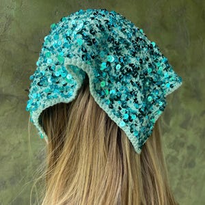 Handmade Turquoise Sequin Crochet Bandana for Women, Sparkly Hair Scarf, Glitter Festival Head Wrap, Summer Boho Head Cover Accessory