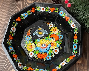 Hand painted Bumblebee wood candy bowl Octagonal candy bowl Hand painted candy bowl with flower pattern Wooden  Petrykivka painting Ukraine