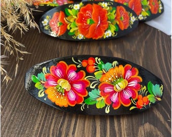Painted Wooden Hair Barrette - Handmade Ukrainian Petrykivka Pink Flower Barrette for Women - Large Oval Floral Hair Clip