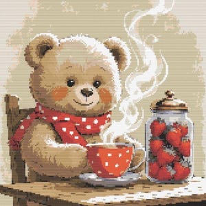 May include: A brown teddy bear wearing a red and white polka dot scarf sits in a chair and holds a red and white polka dot teacup. A glass jar filled with red strawberries sits on a table next to the bear.