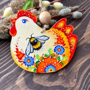 Osteranhänger Huhn mit Hummel&quot; | Petrykivka Malerei aus Holz handbemalt, Osterdekoration für Osterstrauß,ukrainischer Bauer