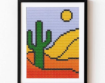 Desert Cactus Cross Stitch Pattern PDF, Pixel Art Sun Landscape Embroidery, Instant Download