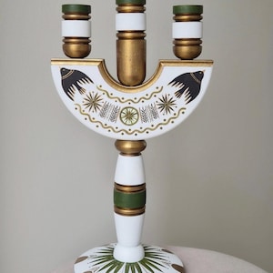 Hand Painted Scandinavian Wooden Candle Holder for Christmas Decor, Traditional Nordic 3 Arm Candlestick with Winter  Motifs