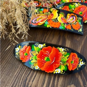 Barrette Russe Peinte à La Main – Vert – Bois Et Métal – Artisanat Original