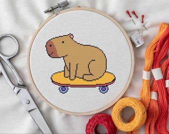 Capybara embroidery, capybara cross stitch pattern, American animal, capybara gift, capybara PDF pattern, capybara of skateboard