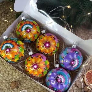 Christmas ornament set of 6 Hand-painted Ukrainian Christmas ornaments 2.4 in,Handmade Petrykivka painted Blue & Red Flower Christmas Bauble
