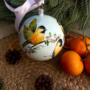 Hand Painted Christmas Ornament with Winter Scene and Birds, Glass Bauble Holiday Tree Decoration Featuring Snowy Landscape and Cottage