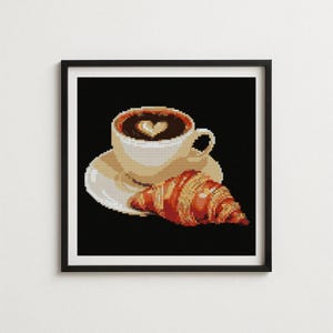 Coffee and Croissant Cross Stitch Pattern PDF | Realistic Breakfast Food Embroidery Design with Latte Art | Modern Kitchen Decor Chart