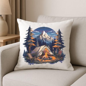 Berg Camping Kreuzstich Muster Zelt Feuer Wald Landschaft Stickerei PDF Natur Szene Nadelspitze Printable Outdoor DIY Chart