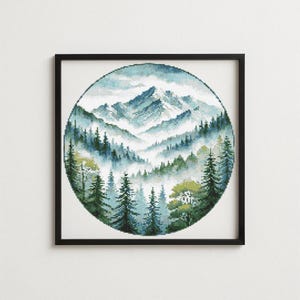 cross-stitch scheme wild nature forest landscape modern scheme of mountain embroidery Digital PDF Download