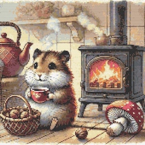 Puede incluir: Un hámster marrón se sienta junto a una estufa de leña, sosteniendo una taza roja. El hámster está en un ambiente de cocina acogedor con una tetera, una cesta de nueces y una seta roja y blanca.
