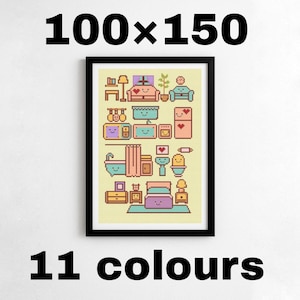 May include: A framed cross-stitch art piece featuring a collection of smiling, cartoon-style furniture and home decor items in various colors. The text "100 x 150" and "11 colours" are displayed on the image.