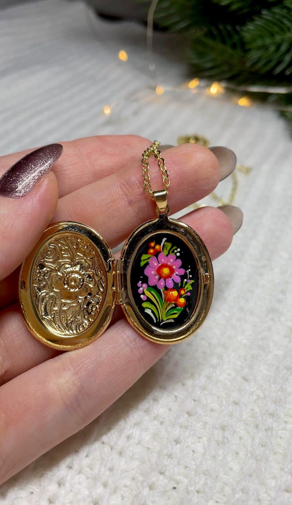 Petrykivka Locket, Floral Locket, Folk Art Jewelry Necklace in