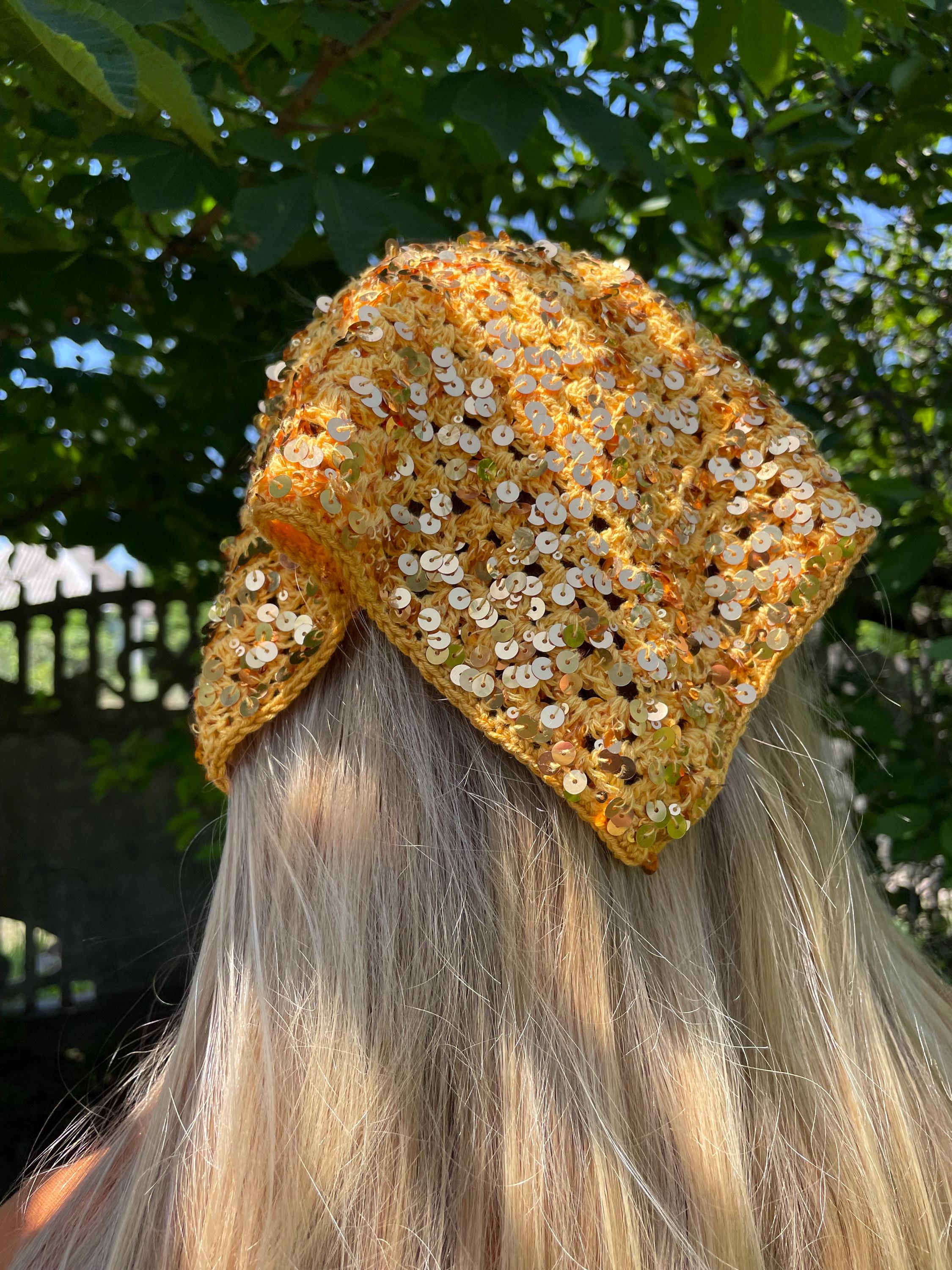 Crochet Sequin Bandana, Handmade Sparkle Hair Scarf, Boho Head