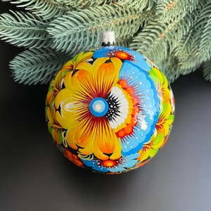 Hand Painted Glass Christmas Ornament with Petrykivka Floral Art | Ukrainian Folk Style Holiday Decoration for Tree and Home