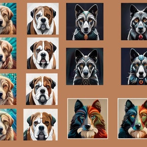 Puede incluir: Un collage de 12 ilustraciones digitales de perros y lobos. Las imágenes están dispuestas en una cuadrícula de cuatro filas y tres columnas. La fila superior presenta un golden retriever, un bulldog, un lobo negro y un lobo gris. La segunda fila presenta un golden retriever, un bulldog, un lobo negro y un lobo gris. La tercera fila presenta un golden retriever, un bulldog, un lobo rojo y azul y un lobo azul y rojo. La fila inferior presenta un lobo rojo y azul y un lobo azul y rojo.