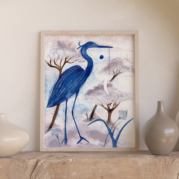 Bluemoon Heron I Giclée Kunstdruck I Illustration