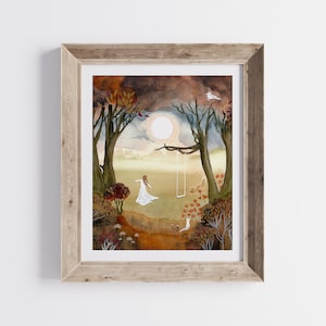May include: A watercolor painting of a woman in a white dress standing in a forest with a swing hanging from a tree. The background is a muted brown and orange with a large, white moon in the sky.