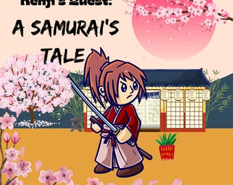 Op de afbeelding: Illustratie van een samoerai-personage uit "Kenji's Quest: A Samurai's Tale" met een zwaard. De afbeelding toont een Japans gebouw, kersenbloesems en een opkomende zon. Kleurenpalet: rood, roze en oranje.