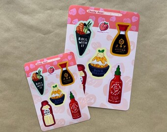 Feuille d’autocollants en vinyle Cheeky Asian Food Series 1 - Bing Chilling, Soy Mates, Hot Stuff Sriracha, You Mirin et Roll With It autocollants en vinyle