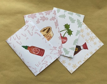 Cheeky Food Christmas greeting cards - Hapi-pie Holidays, Cherry Christmas, Soy to the World, Seasonings Greetings with envelope