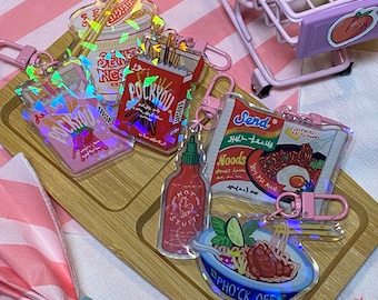 Cheekee Food série 1 grande breloque holographique recto-verso en acrylique | Porte-clés asiatique calembour coquin, accessoire de sac à dos, porte-clés cartable