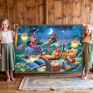 Winnie l’ourson amis, toile suspendue, art de chambre d’enfants, art mural de chambre d’enfant, décoration murale de chambre d’enfant, tapisserie surdimensionnée, décor de chambre d’enfant