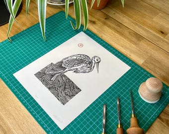 Stork in Water / Original Bird Lino Print / Handmade