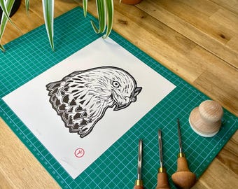 Red Kite Portrait / Original Bird Lino Print / Handmade