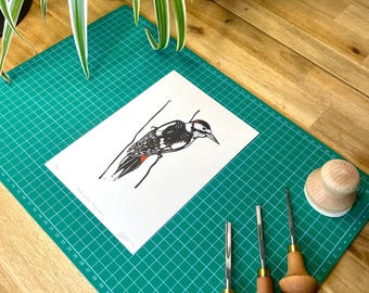 Great Spotted Woodpecker / Limited Edition Bird Lino Print / Handmade, Limited to 40