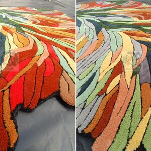Pode incluir: Um tapete abstrato colorido com um design ondulado e org&acirc;nico. O tapete &eacute; feito de diferentes tons de vermelho, laranja, amarelo, verde, azul e marrom.