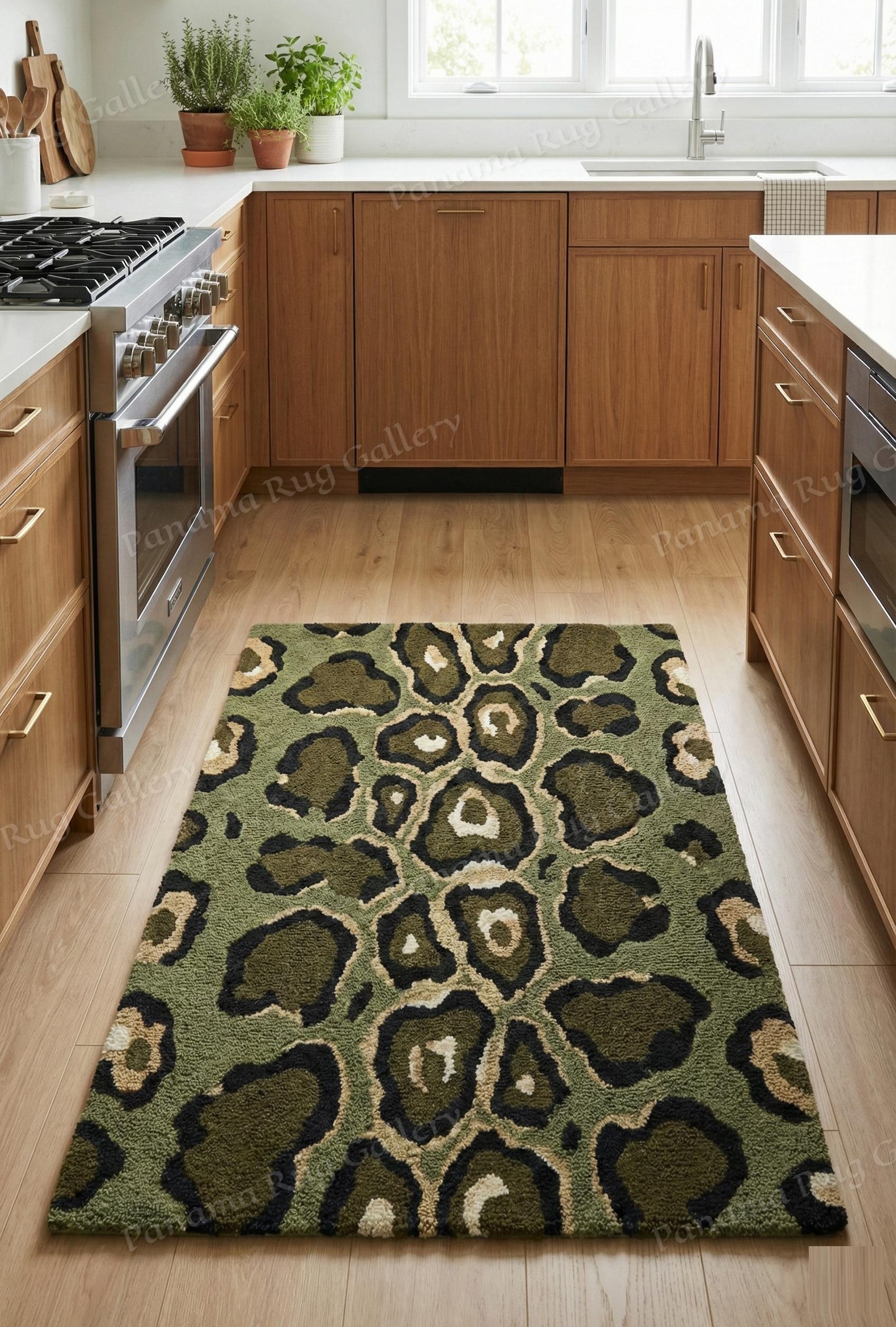 Hand Tufted Leopard Stair Runner, Green Animal Print Wool Runner Rug ...