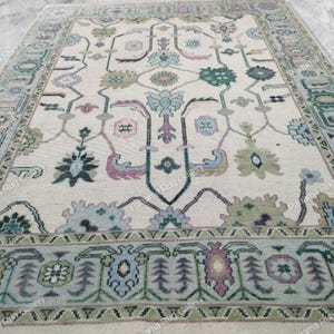 Hand-Knotted Green  Oushak Rug – Made to Order in Any Size! Geometric Wool Area Rug, Muted Sage Carpet, Modern Vintage 9x12 10x14 12x15 5x8