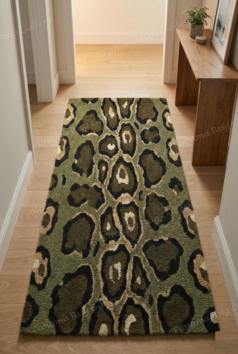 Hand Tufted Leopard Stair Runner, Green Animal Print Wool Runner Rug ...