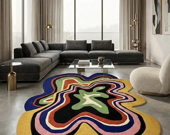 Tapete de área macia irregular tufado à mão psicadélico - design de puzzle abstrato exclusivo para sala de estar e quarto, decoração de casa