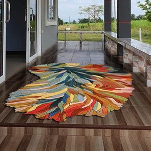 Pode incluir: Um tapete abstrato colorido com um design org&acirc;nico &uacute;nico. O tapete &eacute; feito de fibras macias e felpudas e apresenta uma variedade de cores, incluindo vermelho, laranja, amarelo, verde, azul e roxo.