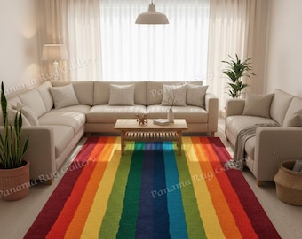 Hand Tufted Wool Rainbow Rug | Modern Stripe Carpet