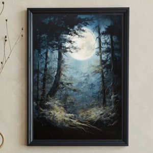 Mystical Forest Night Moonlight Canvas Art, Enchanted Woods Wall Decor, Fantasy Nature Scenery Print, Large Wall Art Home Decoration Hanging