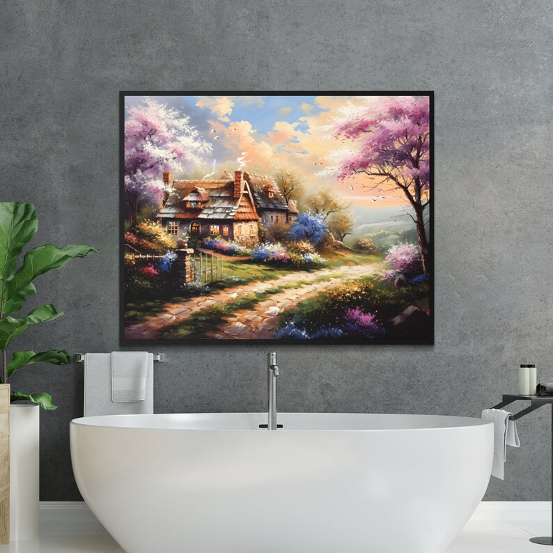 Cottage Landscape Painting, Rustic Home Wall Art, Colorful Spring Countryside Scene, Large