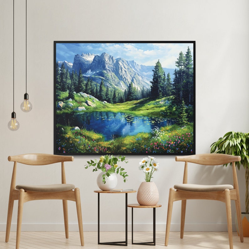 Mountain Landscape Painting, Alpine Lake Canvas Wall Art, Nature
