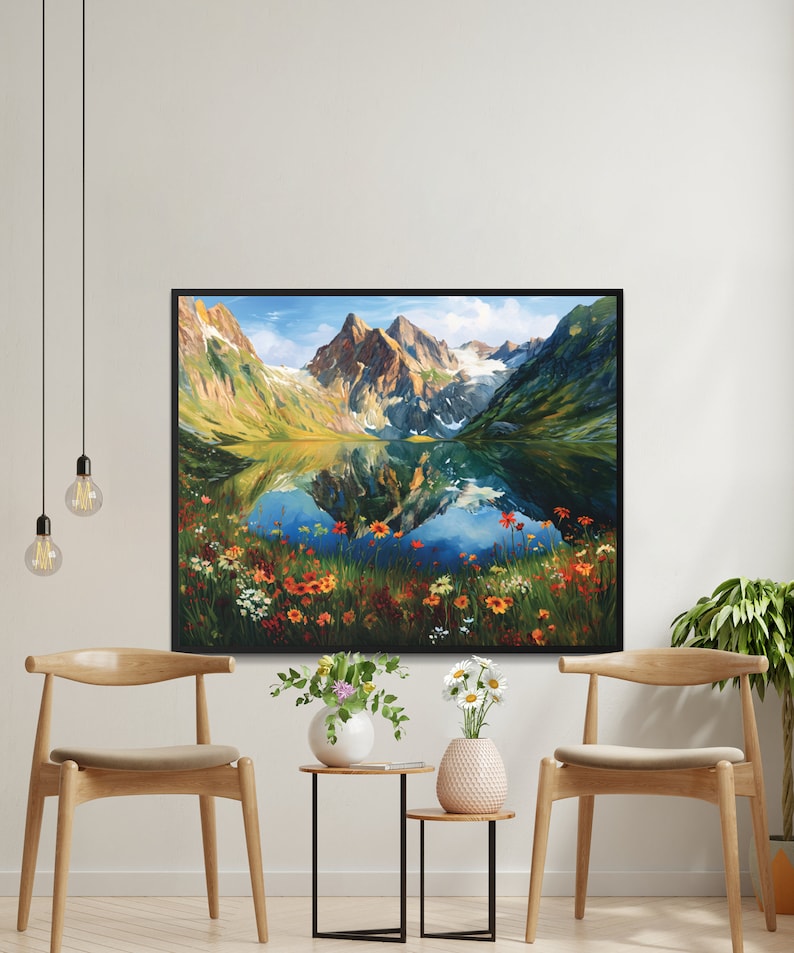 Mountain Lake Reflection Landscape Wall Art, Colorful Floral Nature