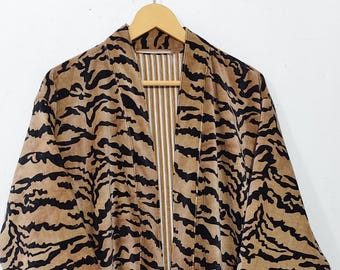 Velvet Kimono Robe, Tiger Print Loungewear, Bohemian Duster, Cotton Lined, Free Size Fit
