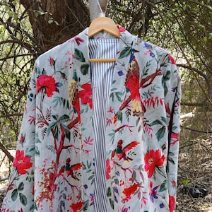 Velvet floral bird print jacket, winter coat, velvet kimono, velvet robe, coat, kimono jacket, kimono and short, kimono coat, kimono boho