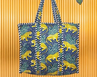 Quilted Cotton Handprinted Reversible Large multicolor tiger Tote Bag Eco friendly Sustainable Sturdy Grocery Shopping Handmade Boho bags.