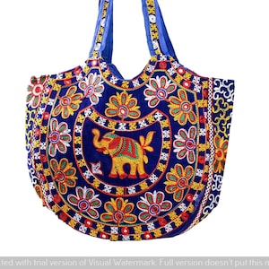 Bolso de mano de algodón con bordado étnico rajasthani con espejo y cremallera para comestibles, compras, viajes, playa, bolsos de hombro para mujer